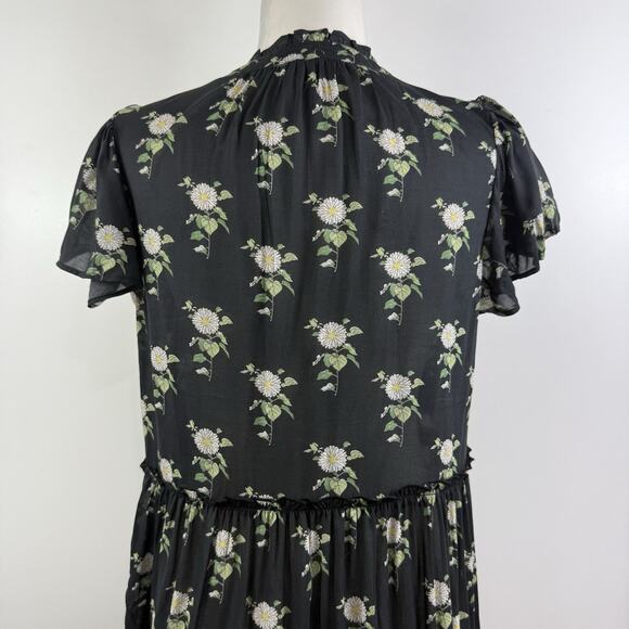 Anthropologie Black Daisy Floral Dress Small Sheer Mini V Neck Ruffle Sleeve - Picture 9 of 14